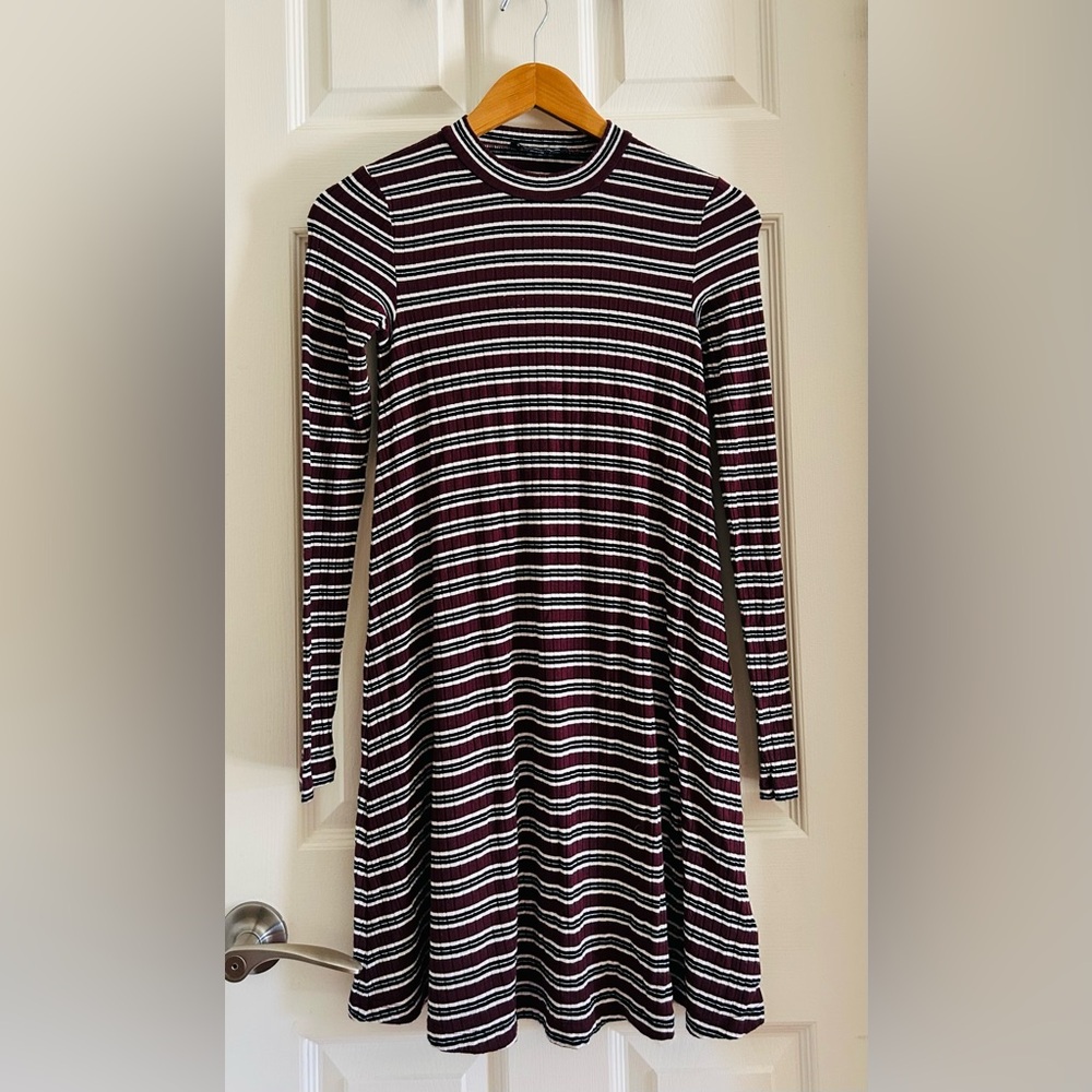 American Eagle Outfitters Maroon, Black & White Striped Ribbed Dress